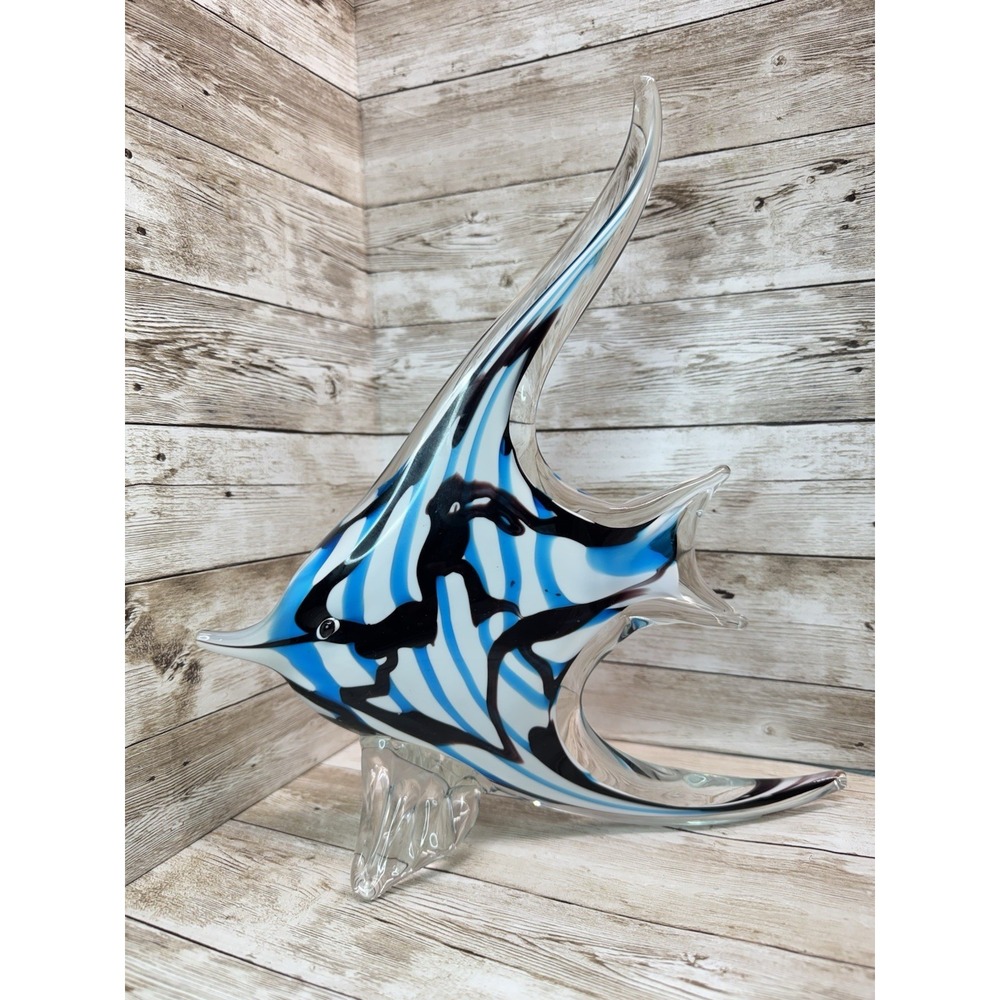 Stunning VTG 11" Hand Blown Glass Angelfish Coastal Decor Murano Style Fish Lg